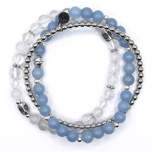 Mala bracelet angélite, cristal de roche, argent