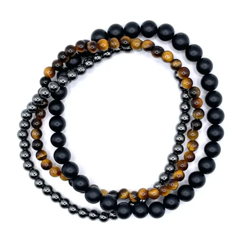 Bracelet Mala Trio Onyx, Oeil de tigre & Hématite