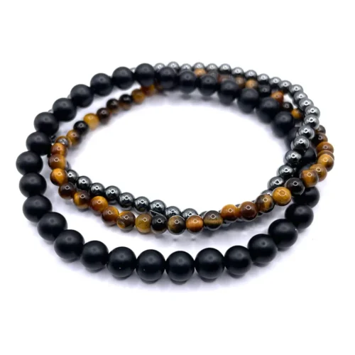 Bracciale Mala Trio Onice, occhio di tigre ed ematite