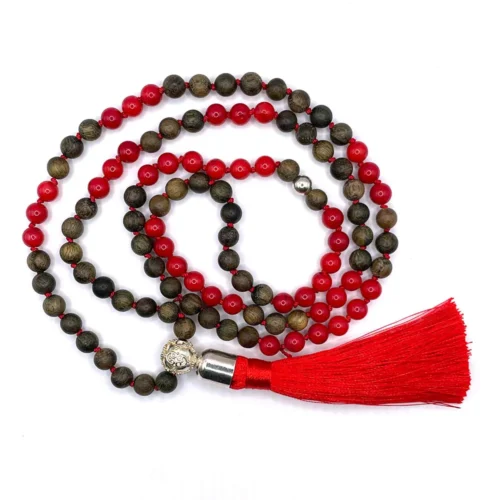 Collana Mala in legno di sandalo e corallo