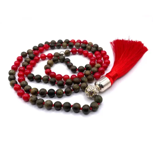 Collana Mala in legno di sandalo e corallo