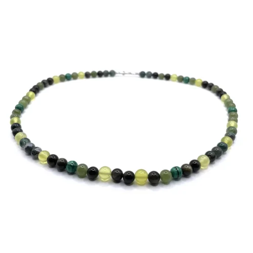 Collana con chiusura a spillo: malachite, agata muschiata, ossidiana dorata, nefrite, serpentino