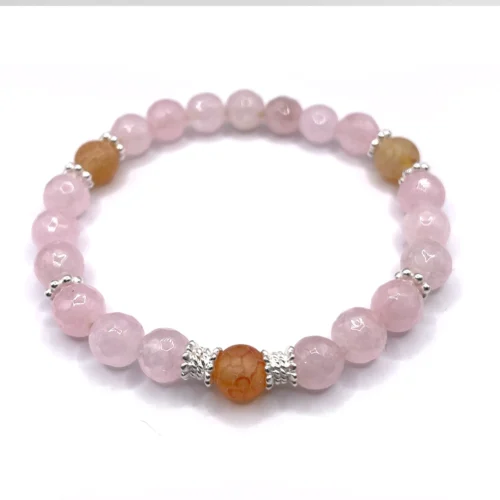 Rosenquarz-Armband mit Silber und Feuerachat – Die Herzliche